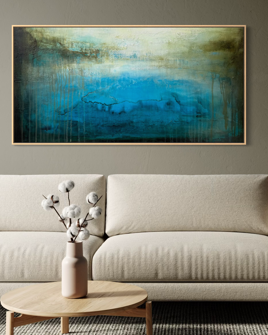 Ancient water horizon canvas print shown in a natural oak wood float frame