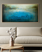 Ancient water horizon canvas print shown in a natural oak wood float frame