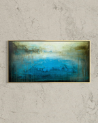 Ancient water horizon canvas print shown in a gold wood float frame