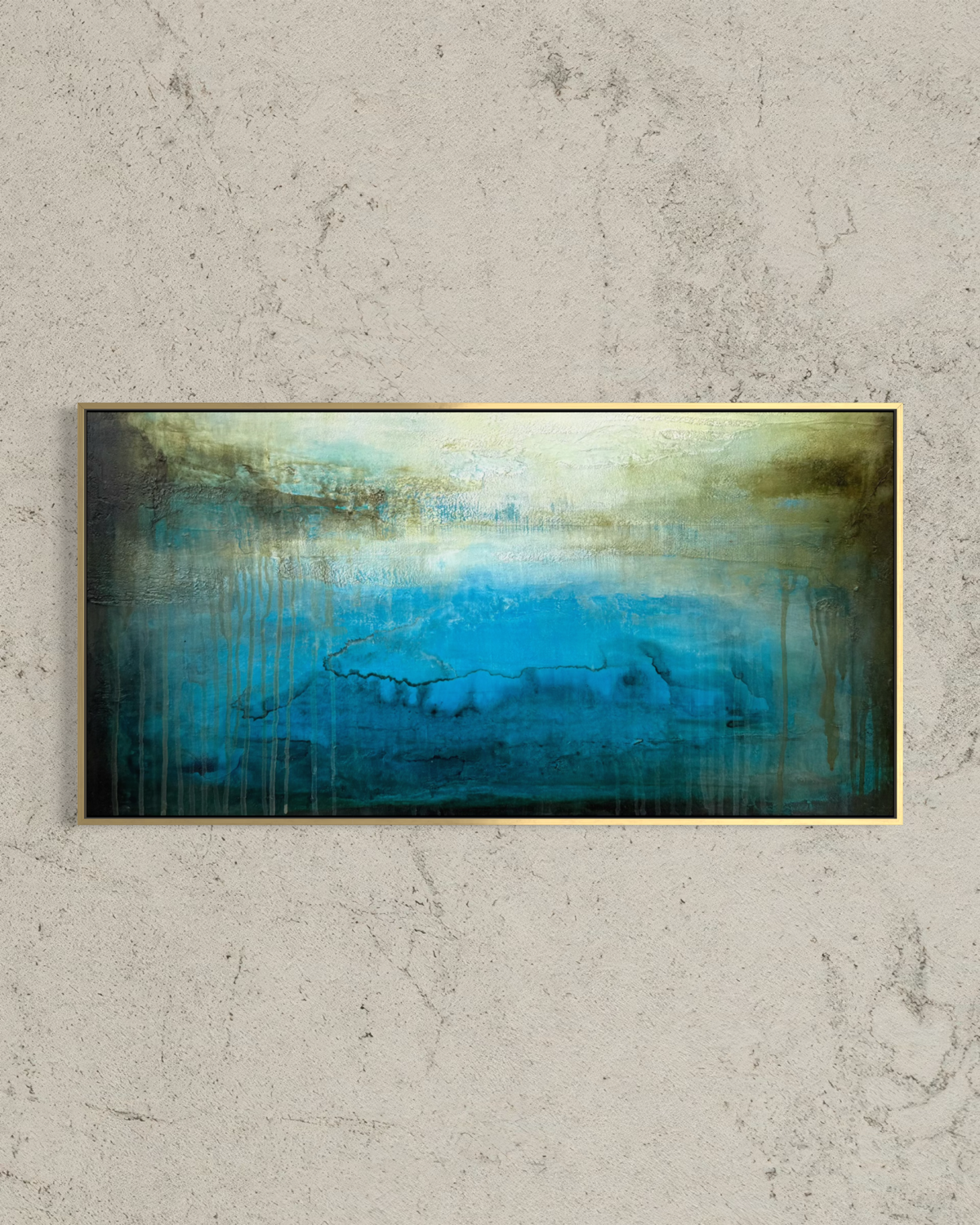 Ancient water horizon canvas print shown in a gold wood float frame