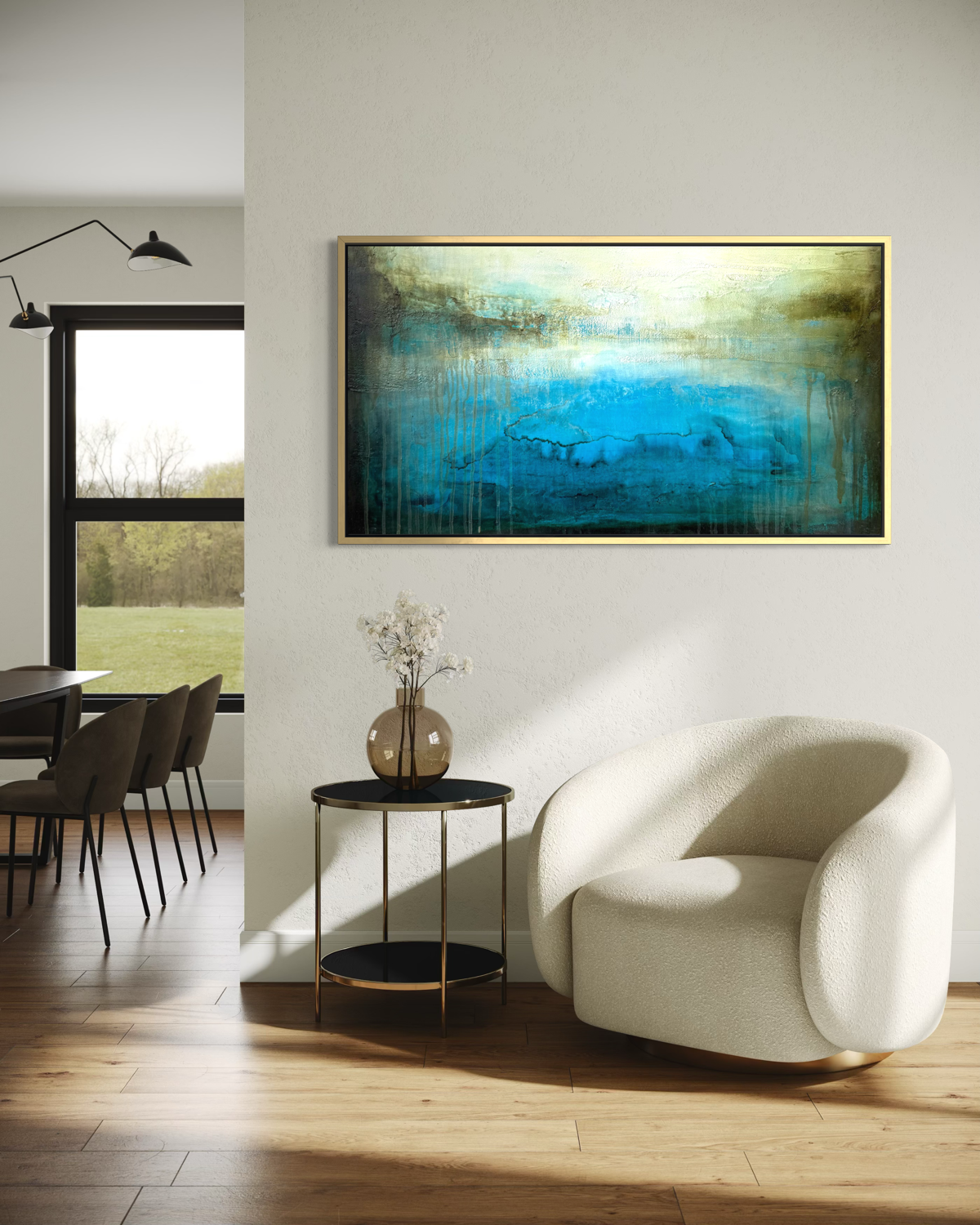 Ancient Water Horizon canvas print shown in a gold float frame in a neutral modern home