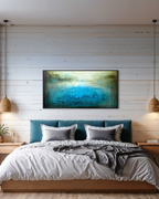 Ancient Water Horizon canvas print detail in black frame over king size bed in a lofty modern room.