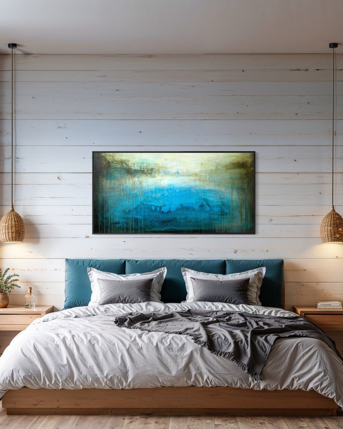 Ancient Water Horizon canvas print detail in black frame over king size bed in a lofty modern room.