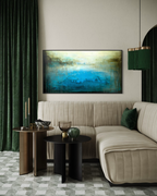 Ancient Water Horizon canvas print detail in a black frame shown in  a modern living room with deep green accents.
