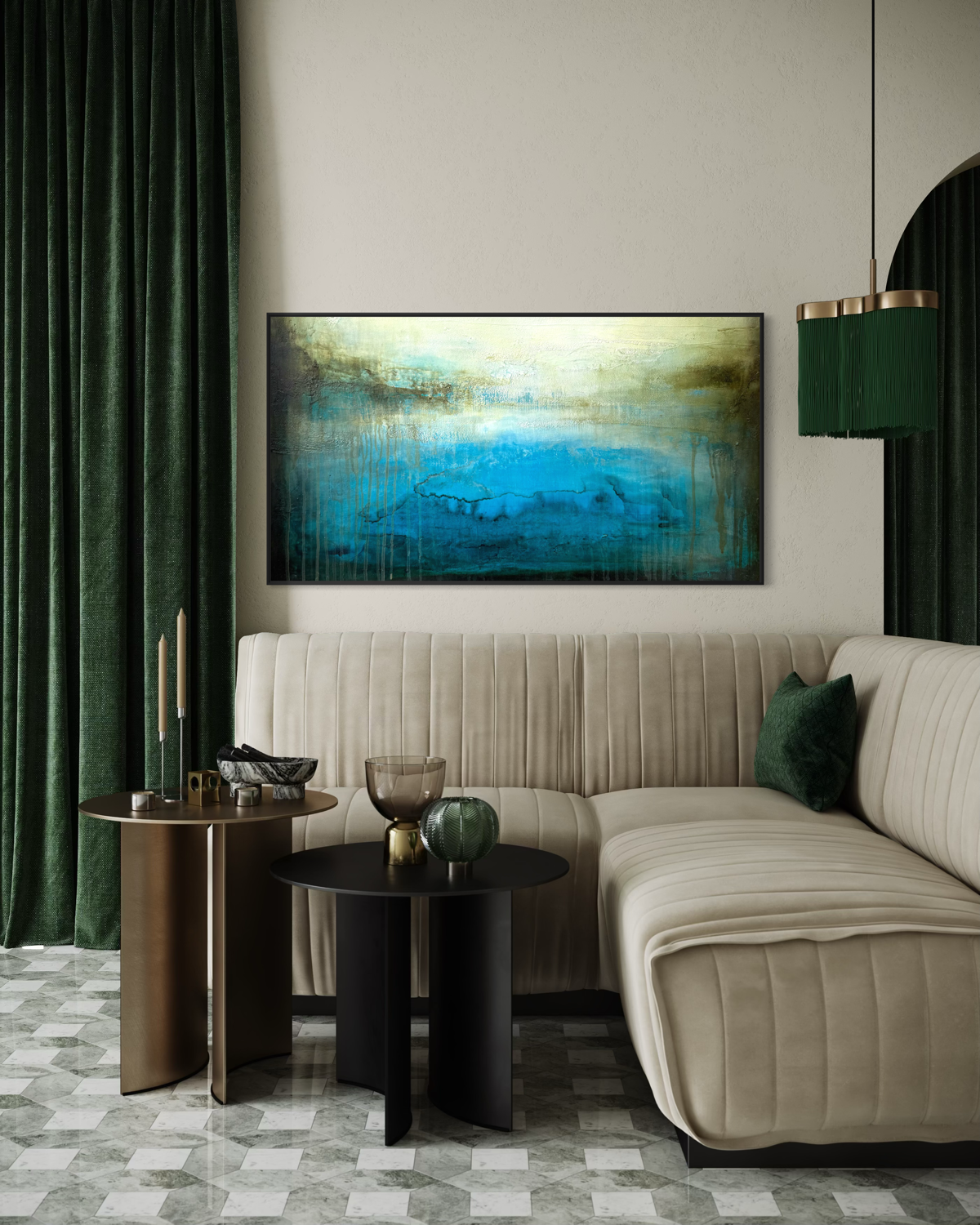 Ancient Water Horizon canvas print detail in a black frame shown in  a modern living room with deep green accents.