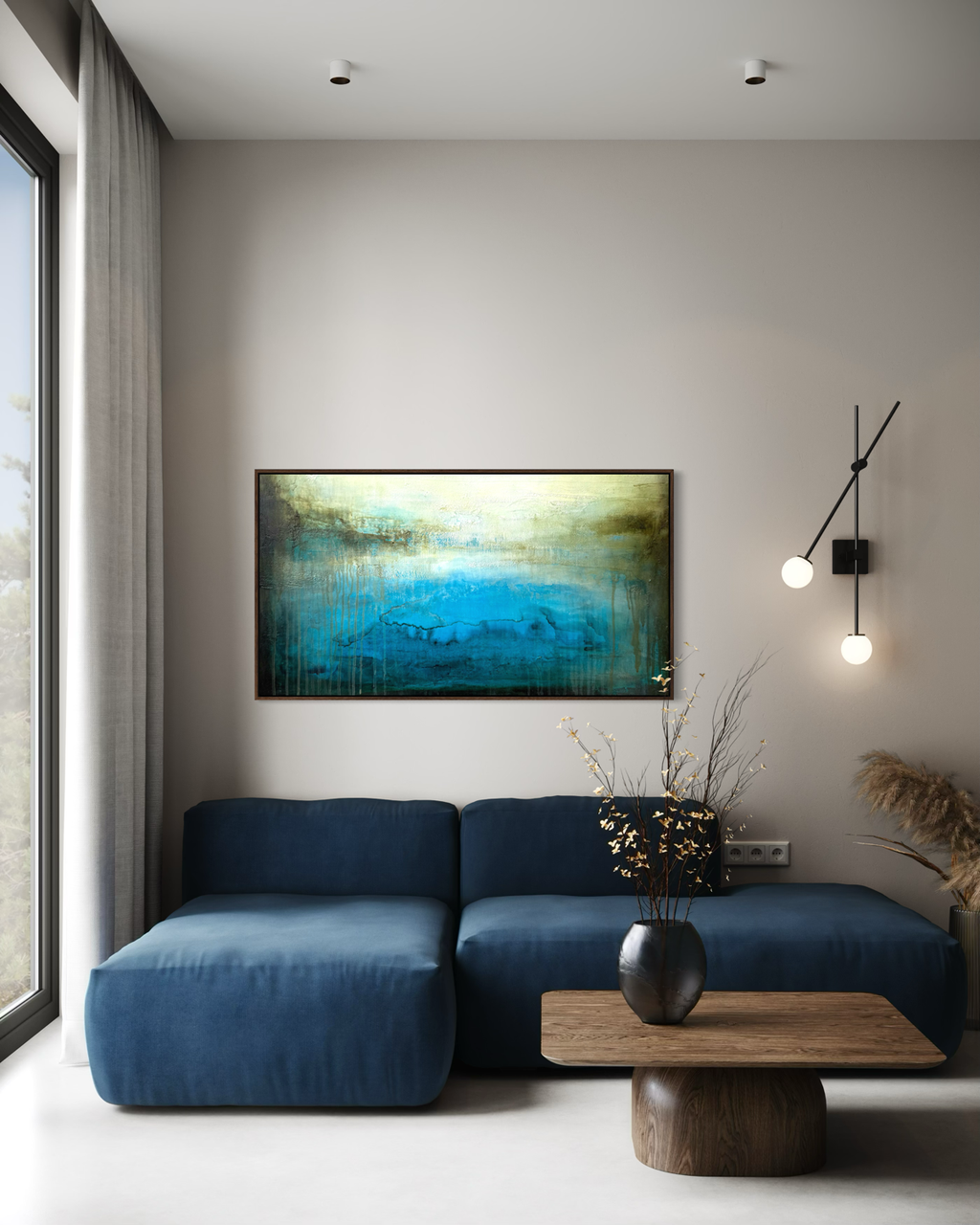 Ancient Water Horizon canvas print detail in dark walnut frame over a navy blue modern sofa