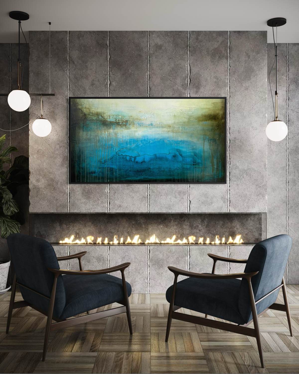 Ancient Water Horizon canvas print with blue, teal, and green tones hangs on a textured concrete wall above a long linear modern fireplace. 