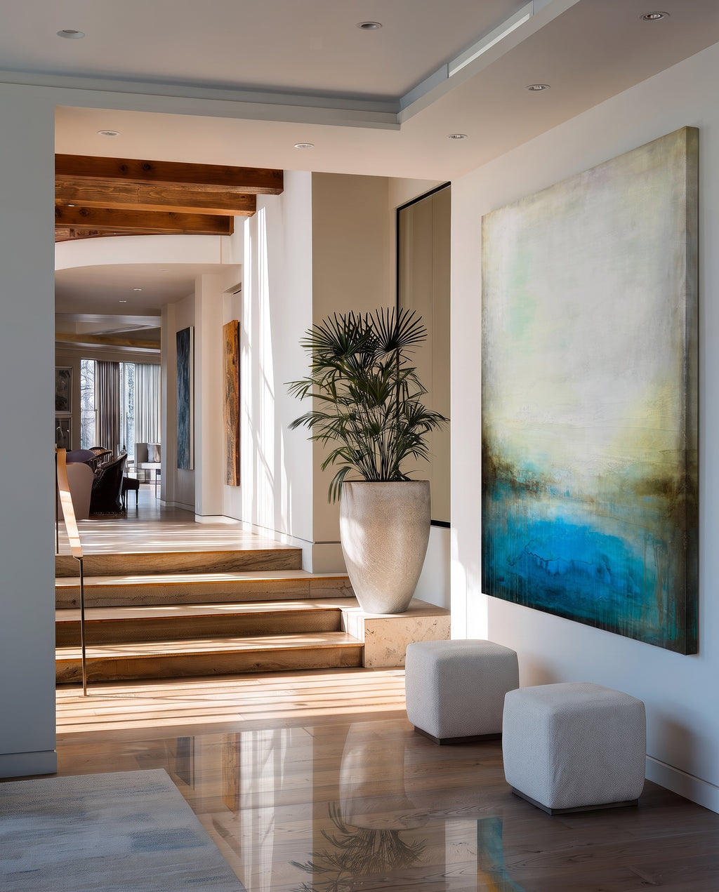 Ancient Water abstract printed on canvas shown in a modern hallway by artist Jen Muse