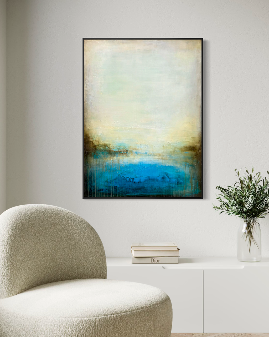 Ancient Waters, abstract cenote painting, featuring textured limestone surfaces, sepia mineral drips, and deep blue water in modern living space. 