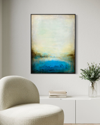 Ancient Waters, abstract cenote painting, featuring textured limestone surfaces, sepia mineral drips, and deep blue water in modern living space. 