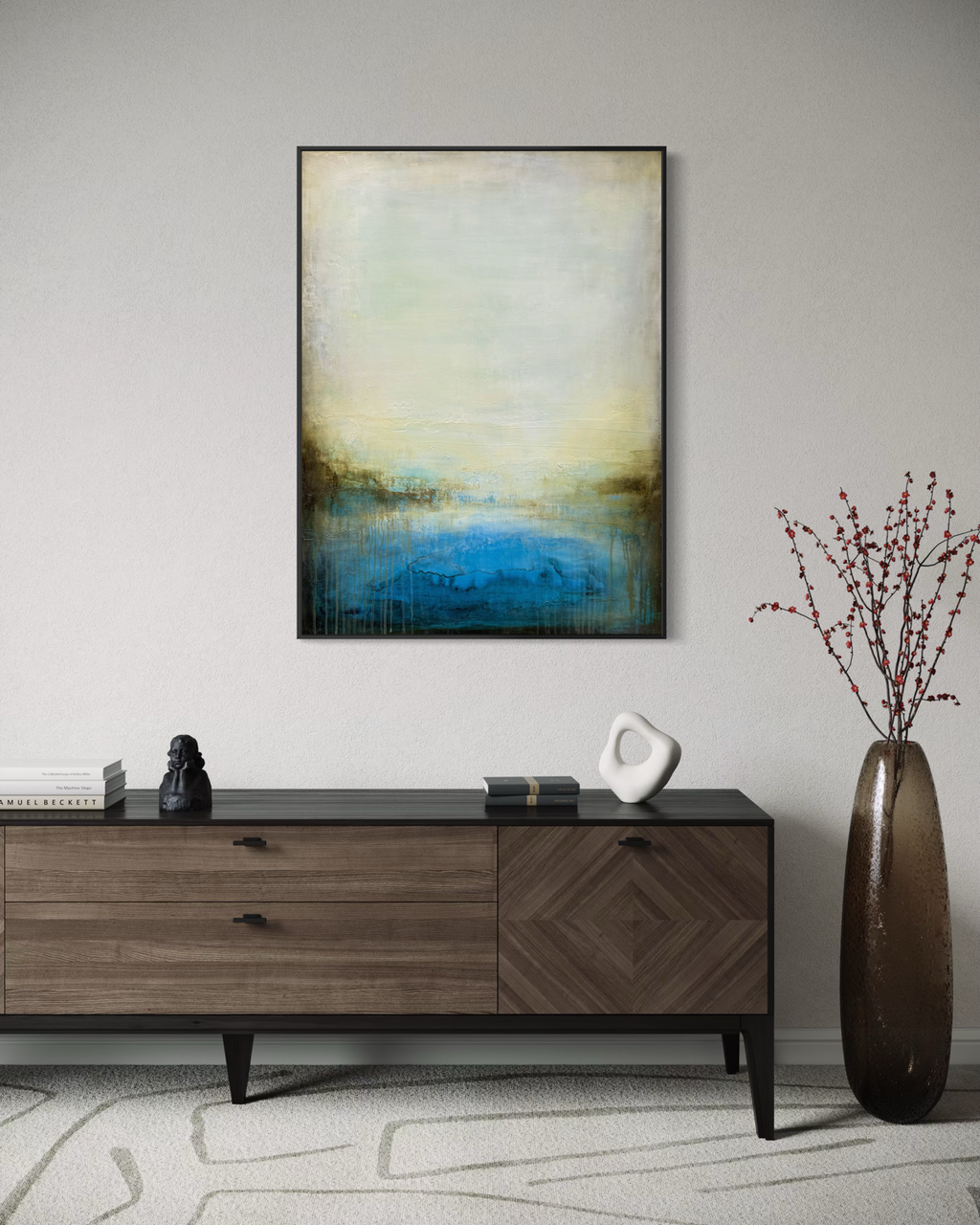 Ancient Waters abstract cenote painting, with blue, shown above a modern wood wooden console table.