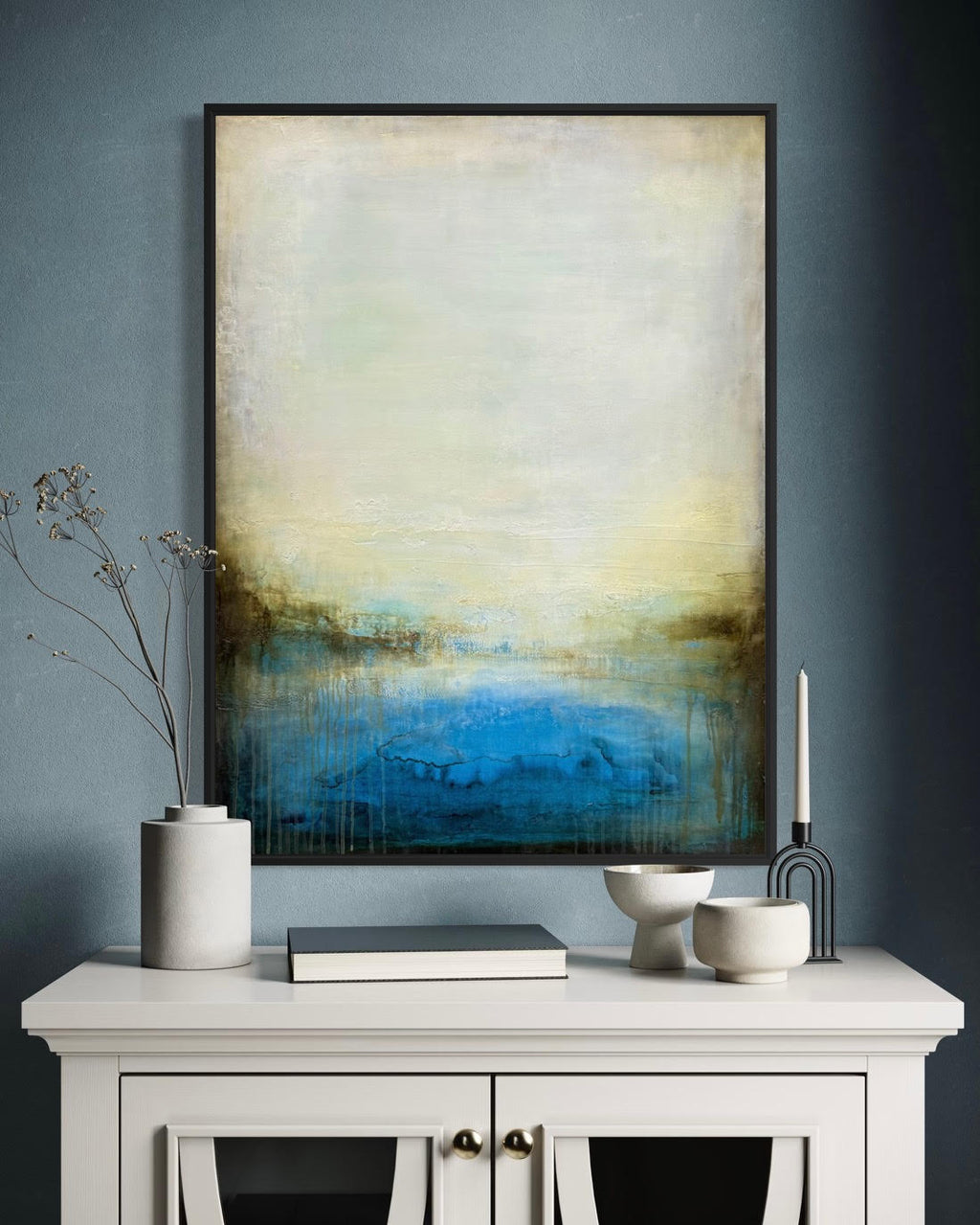 abstract cenote inspired acrylic painting on canvas in modern foyer room by artist jen muse