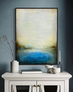 abstract cenote inspired acrylic painting on canvas in modern foyer room by artist jen muse