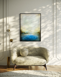 abstract cenote inspired acrylic painting on canvas in modern living room by artist jen muse