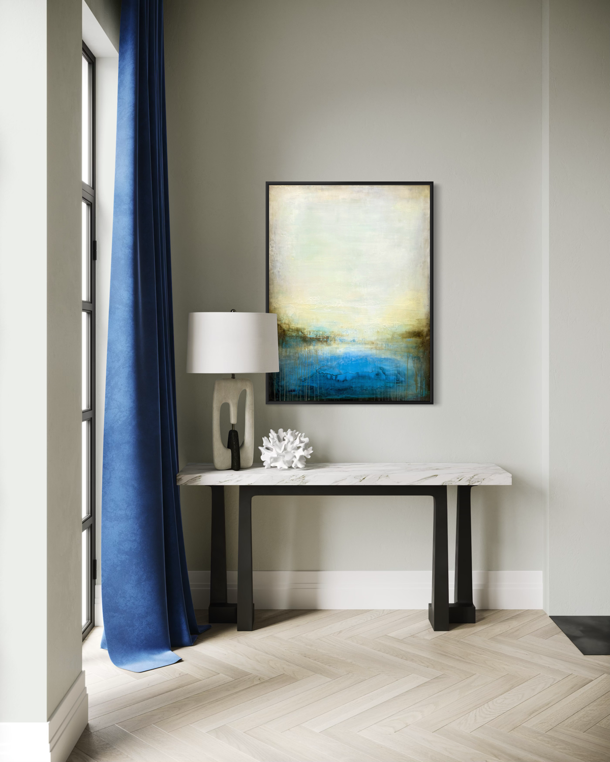 abstract cenote inspired acrylic painting on canvas in modern hallway by artist jen muse