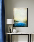 abstract cenote inspired acrylic painting on canvas in modern hall over table by artist jen muse