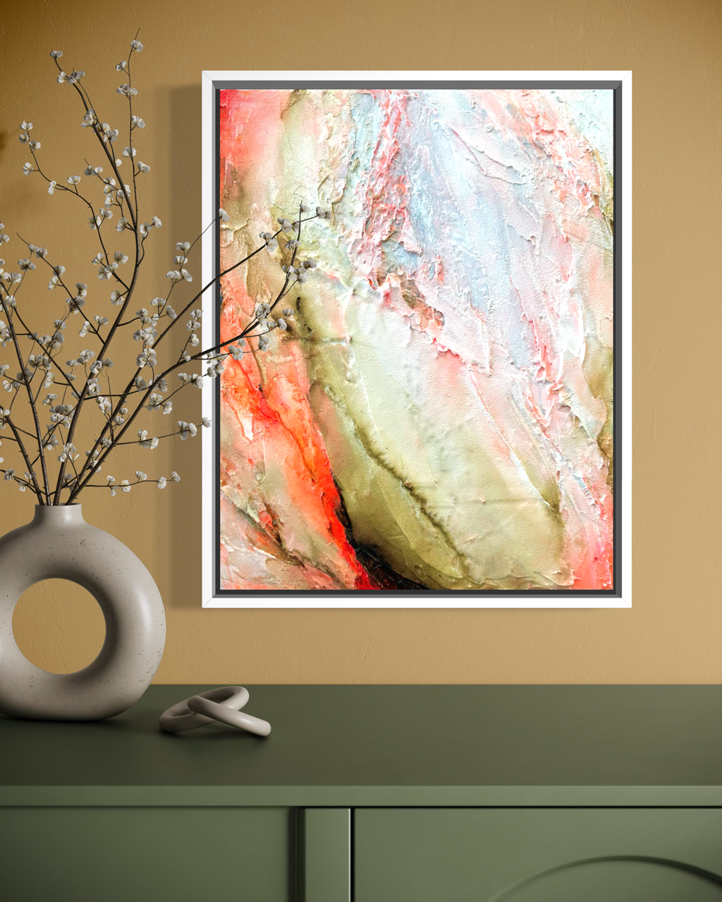 Becoming Bloom is heavily textured abstract painting in a white wood frame by artist Jen Muse