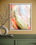 Becoming Bloom is heavily textured abstract painting in a white wood frame by artist Jen Muse