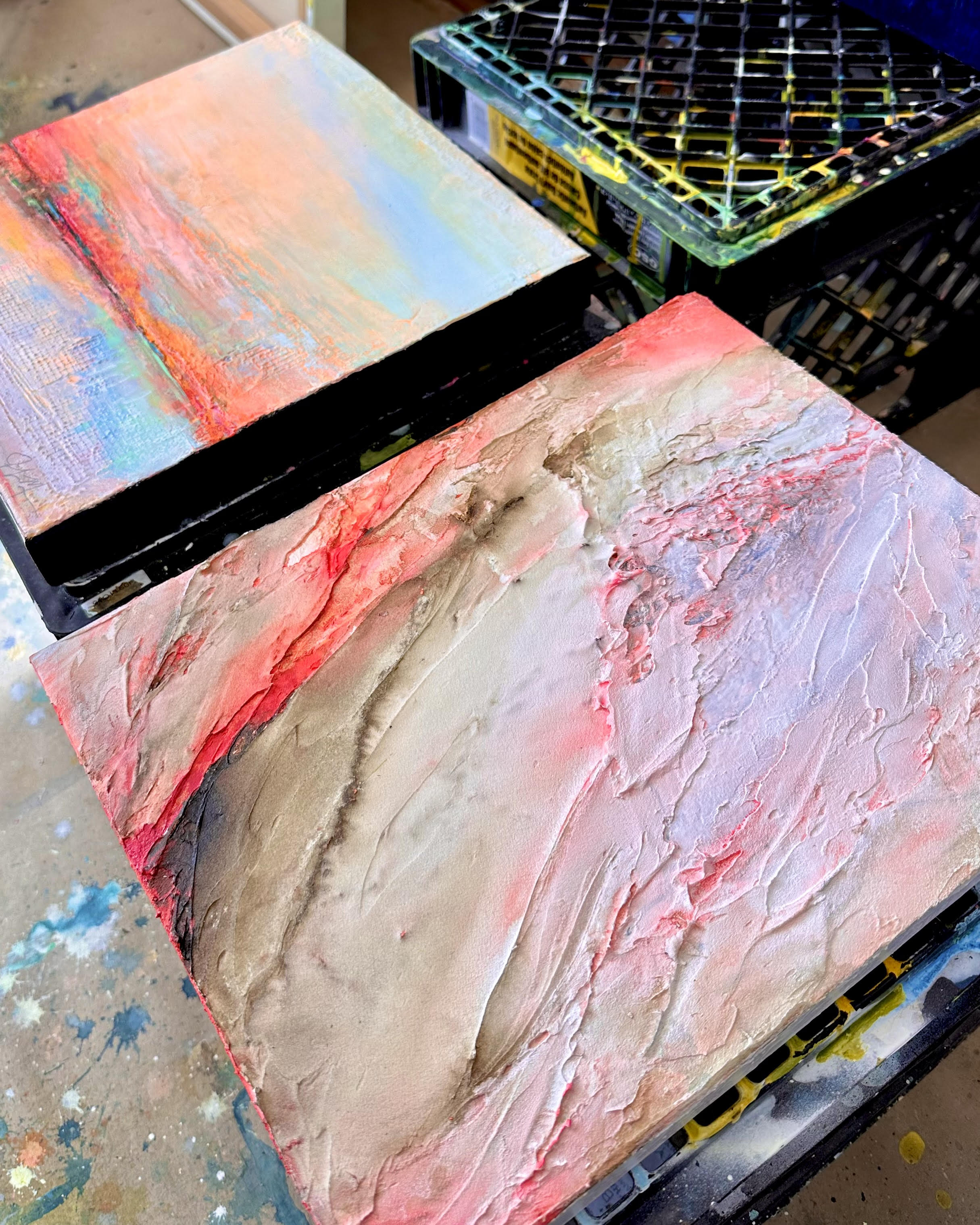 Up-close texture details, colors, and strokes of Becoming Bloom by artist Jen Muse
