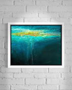 Beneath mixed media ocean abstract painting in white frame by artist Jen Muse
