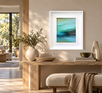 Blue Mist abstract water and mountain painting shown in a modern cozy home by artist Jen Muse