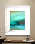 An original abstract inspired by the cenotes of Mexico framed in a white modern wood frame in a modern living room by artist Jen Muse