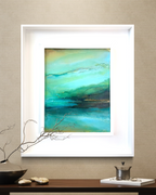 An original abstract inspired by the cenotes of Mexico framed in a white modern wood frame in a modern living room by artist Jen Muse