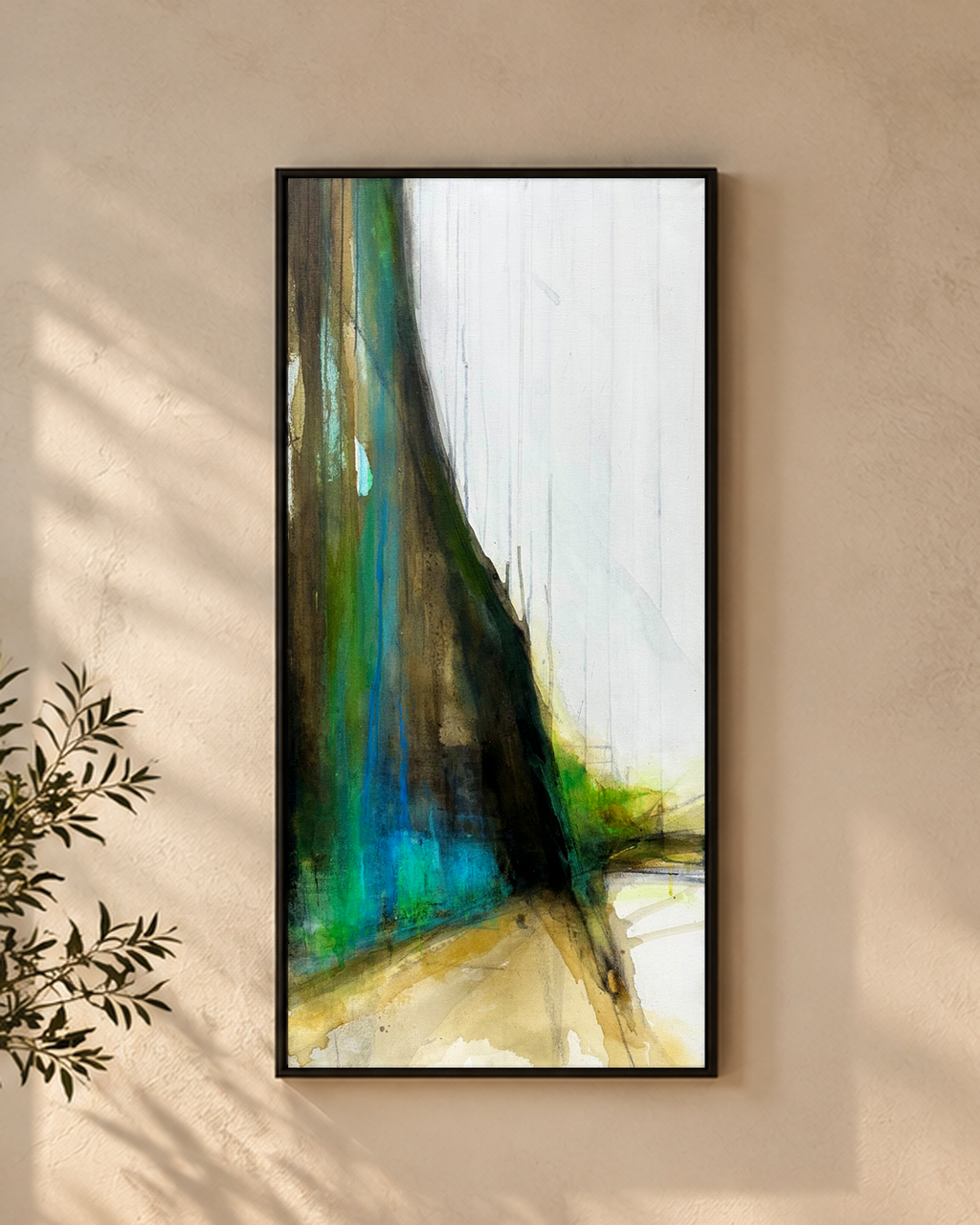 Cliff walk is abstract painting of walking along sandy seashore by abstract artist Jen Muse