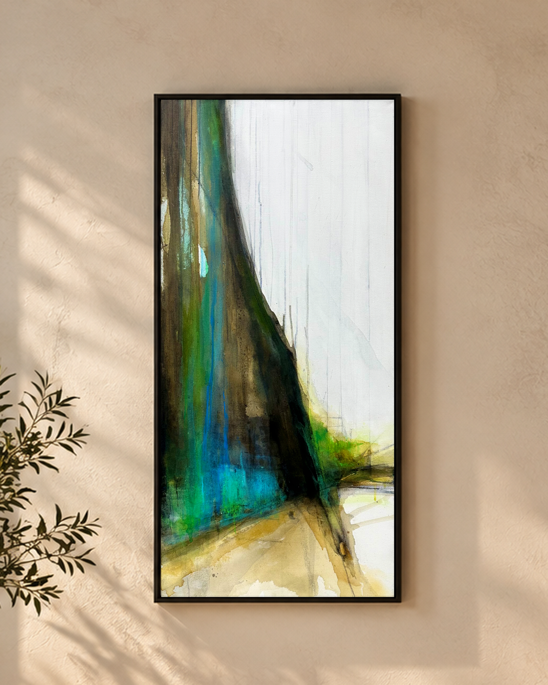 Cliff walk is abstract painting of walking along sandy seashore by abstract artist Jen Muse