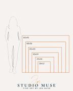 Image of frame sizes next to a human woman by artist jen muse
