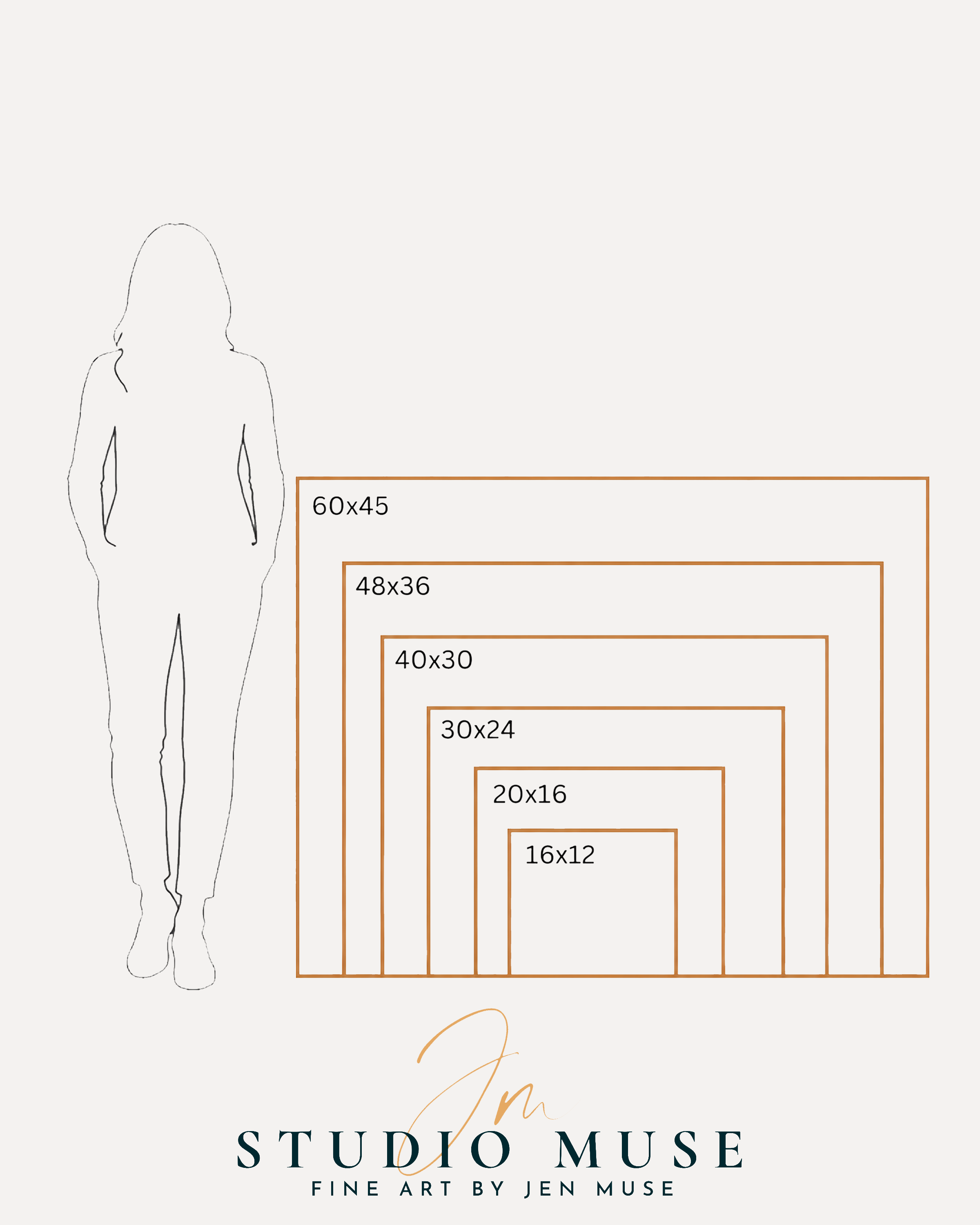 Image of frame sizes next to a human woman by artist jen muse