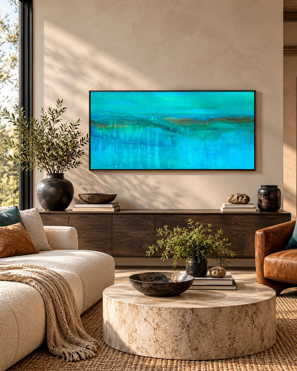 The Hidden River abstract water cenote river painting shown in a warm cozy modern living room by artist Jen Muse