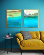 Enlarged details from Hidden Waters abstract cenote painting hung side by side on a deep aqua wall