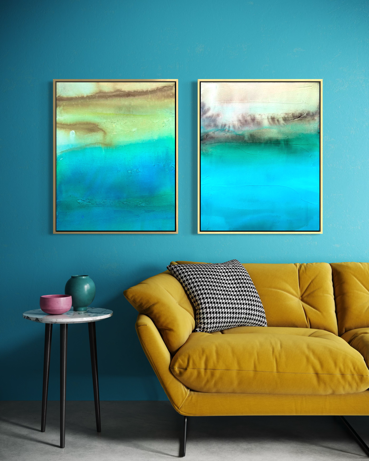 Enlarged details from Hidden Waters abstract cenote painting hung side by side on a deep aqua wall