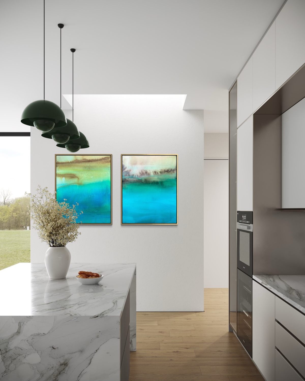 Enlarged details from Hidden Waters abstract cenote painting hung in a modern kitchen