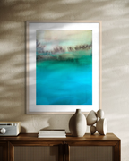 Hidden Waters #1 fine art print framed in natural wood shown in a bright sunlit modern dining room