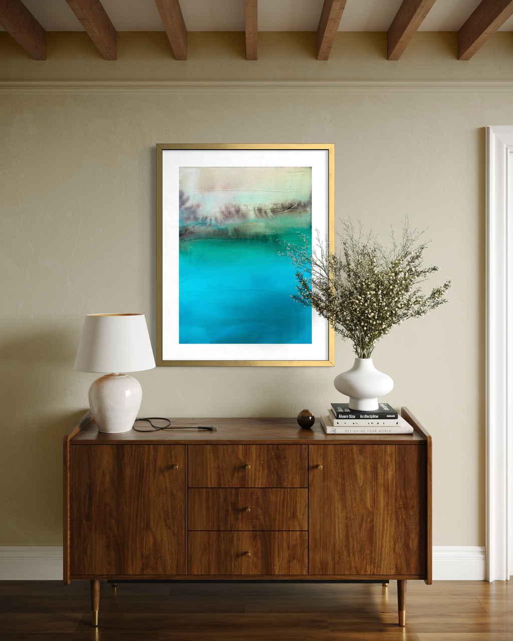 Hidden Waters #1 fine art print framed in gold wood shown over a modern wood side board