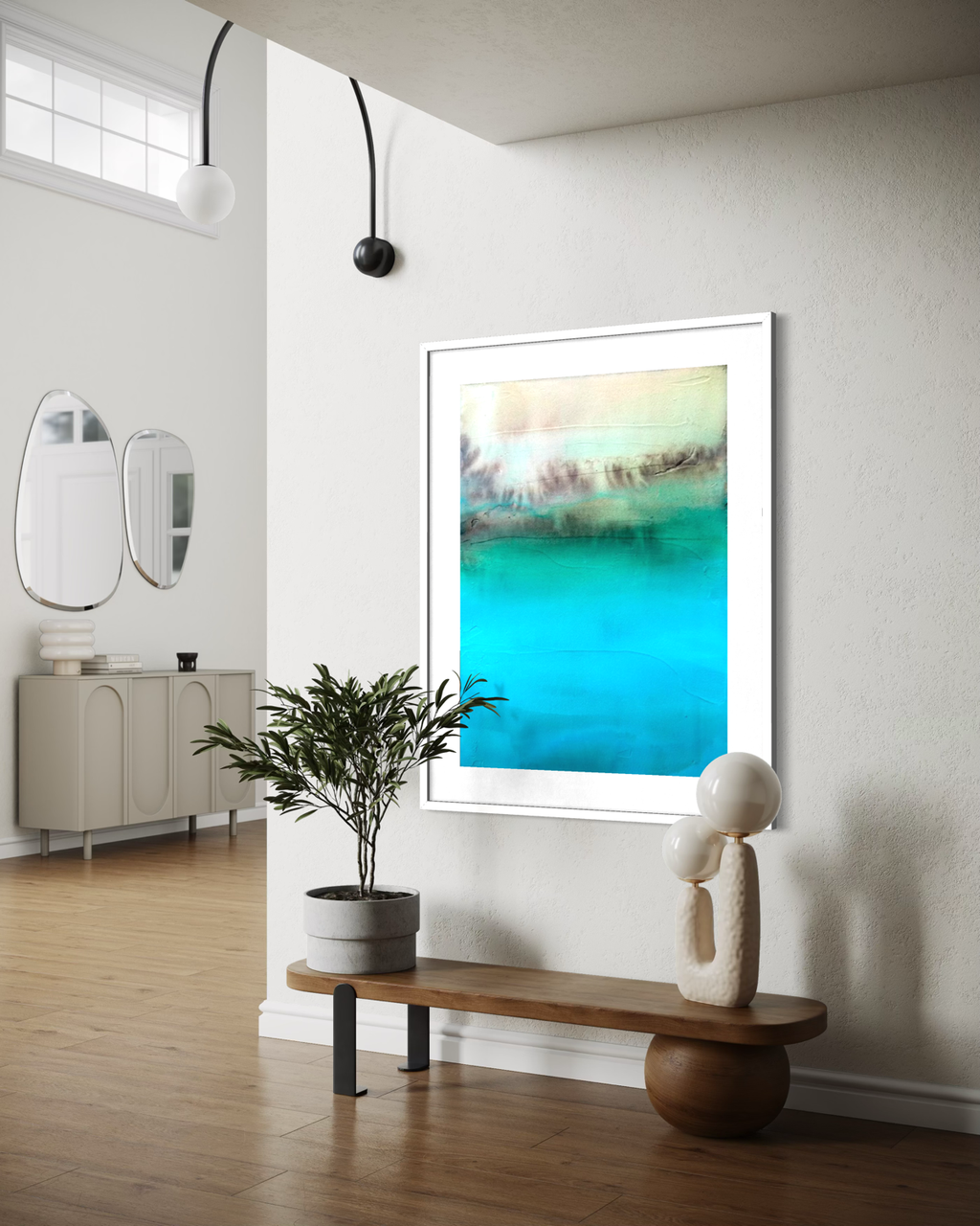 Hidden Waters #1 fine art print framed in white wood shown in a bright sunlit modern home