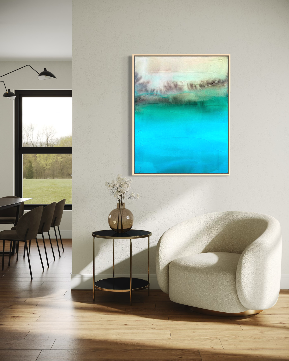 Enlarged detail from Hidden Waters abstract cenote painting in natural wood frame