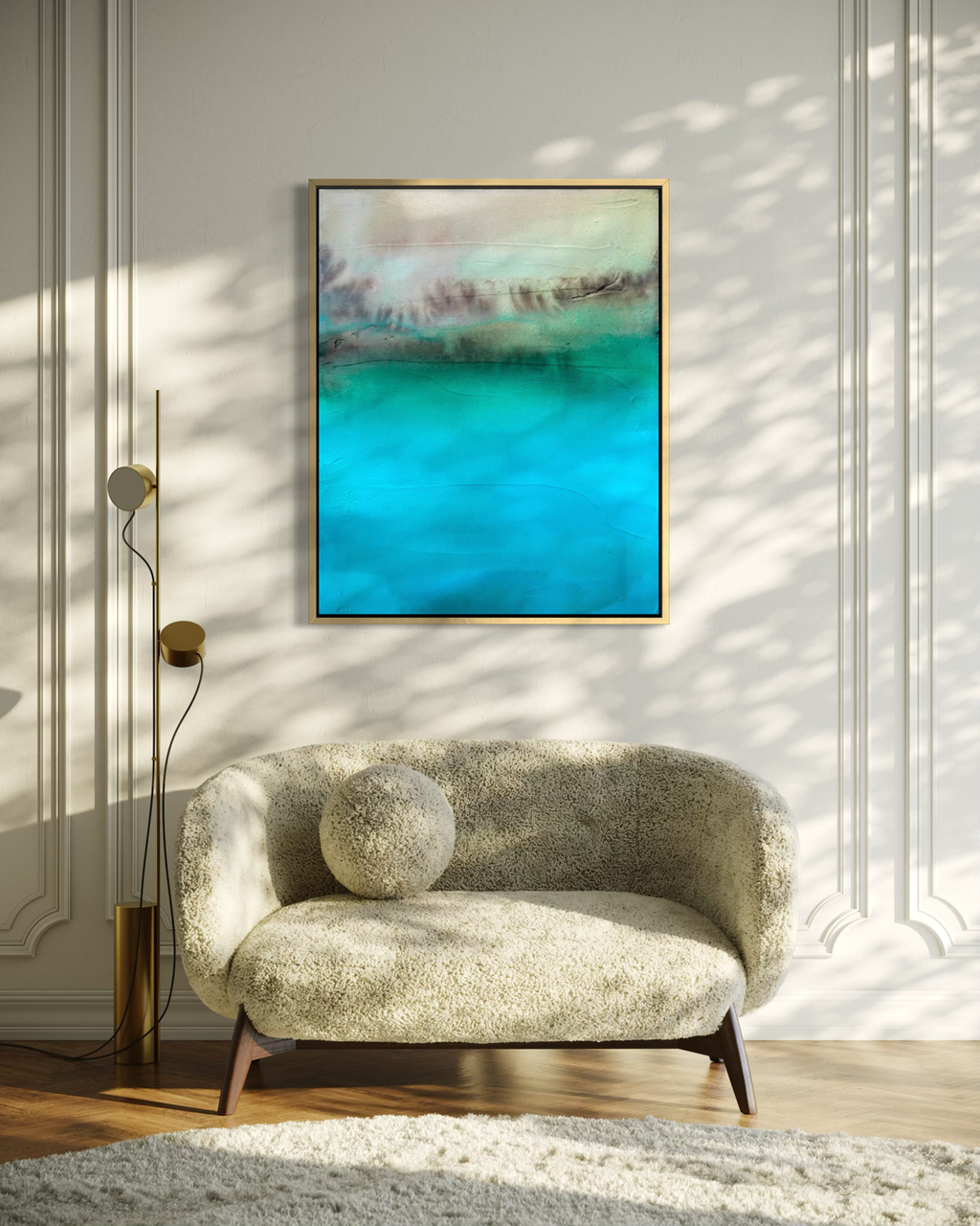 Enlarged detail from Hidden Waters abstract cenote painting by artist Jen Muse in modern living room