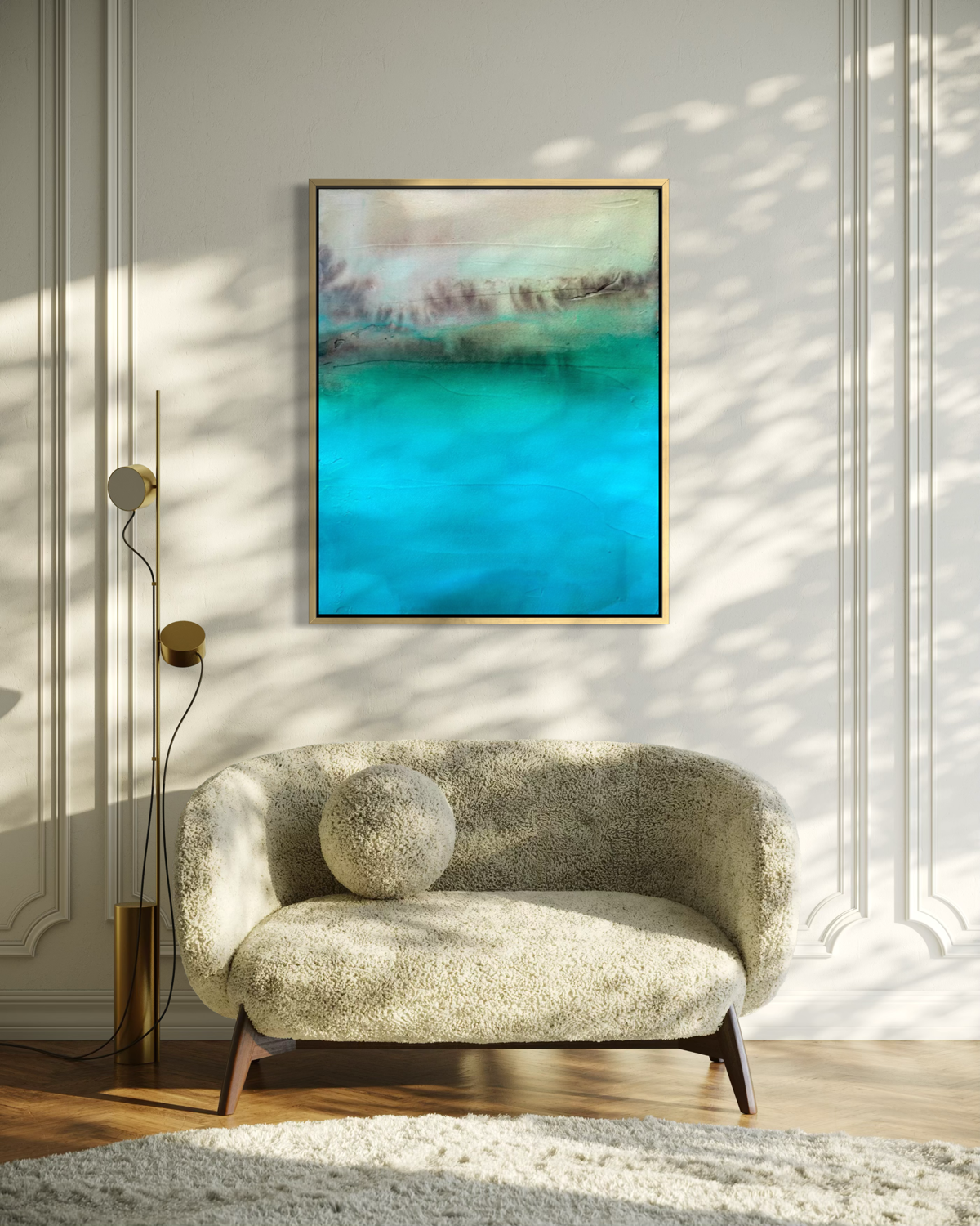 Enlarged detail from Hidden Waters abstract cenote painting by artist Jen Muse in modern living room