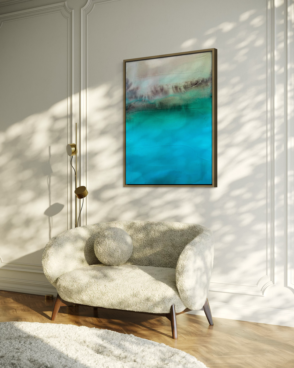 Enlarged detail from Hidden Waters abstract cenote painting over modern love seat