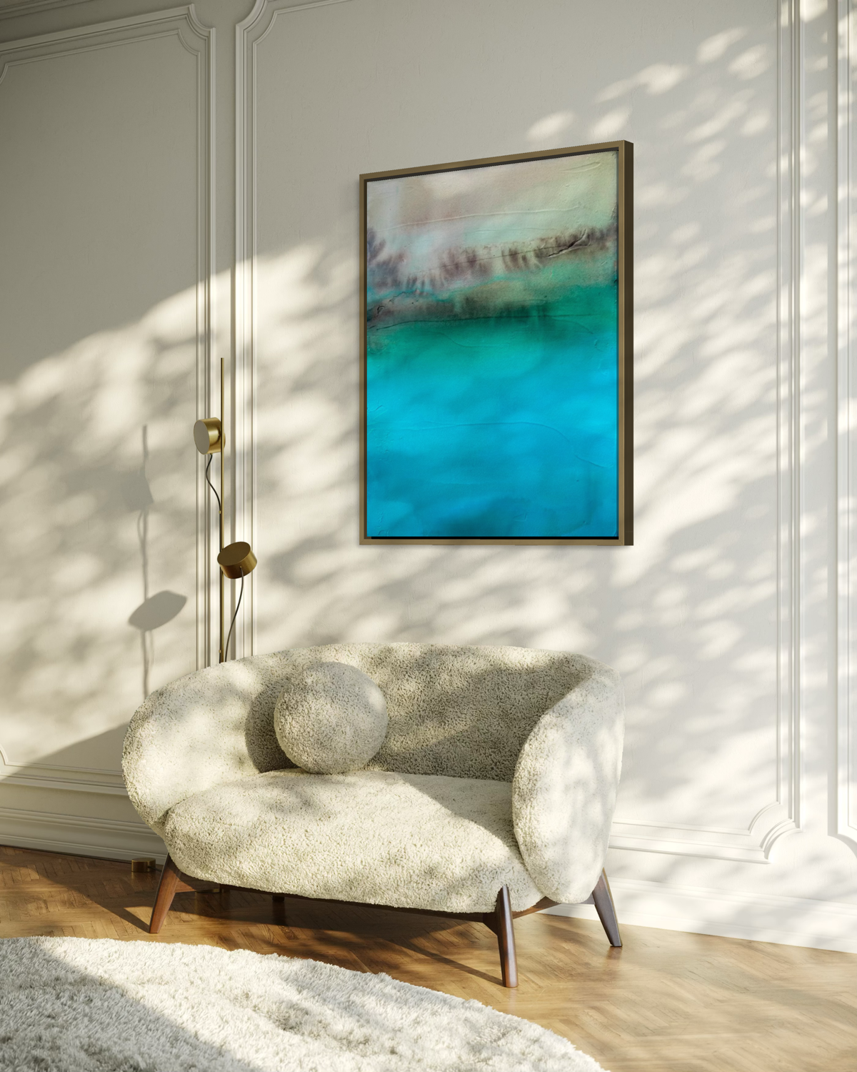 Enlarged detail from Hidden Waters abstract cenote painting over modern love seat