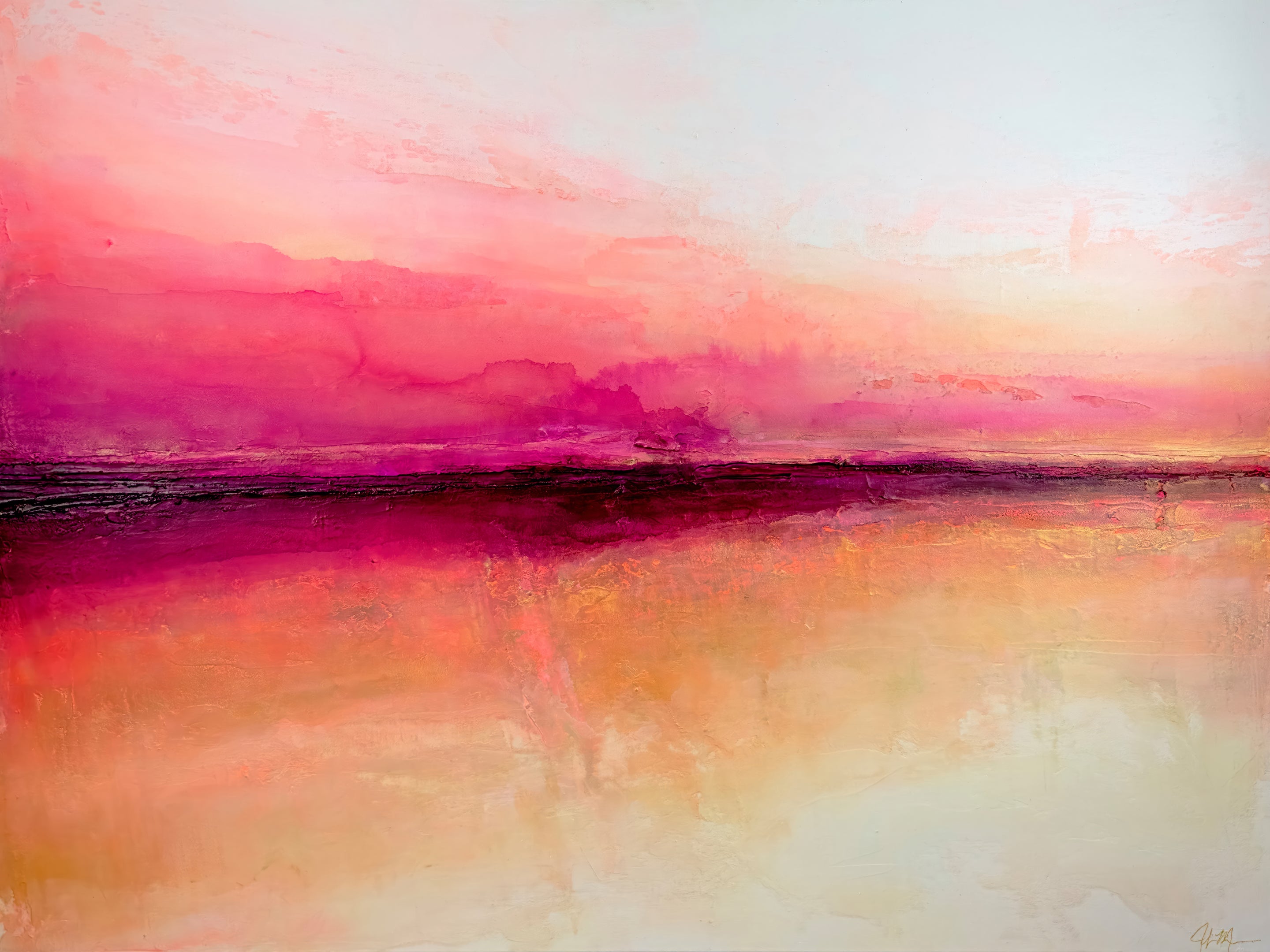 Le Soleil Levant abstract landscape painting with pink, magenta, and gold tones by Jen Muse