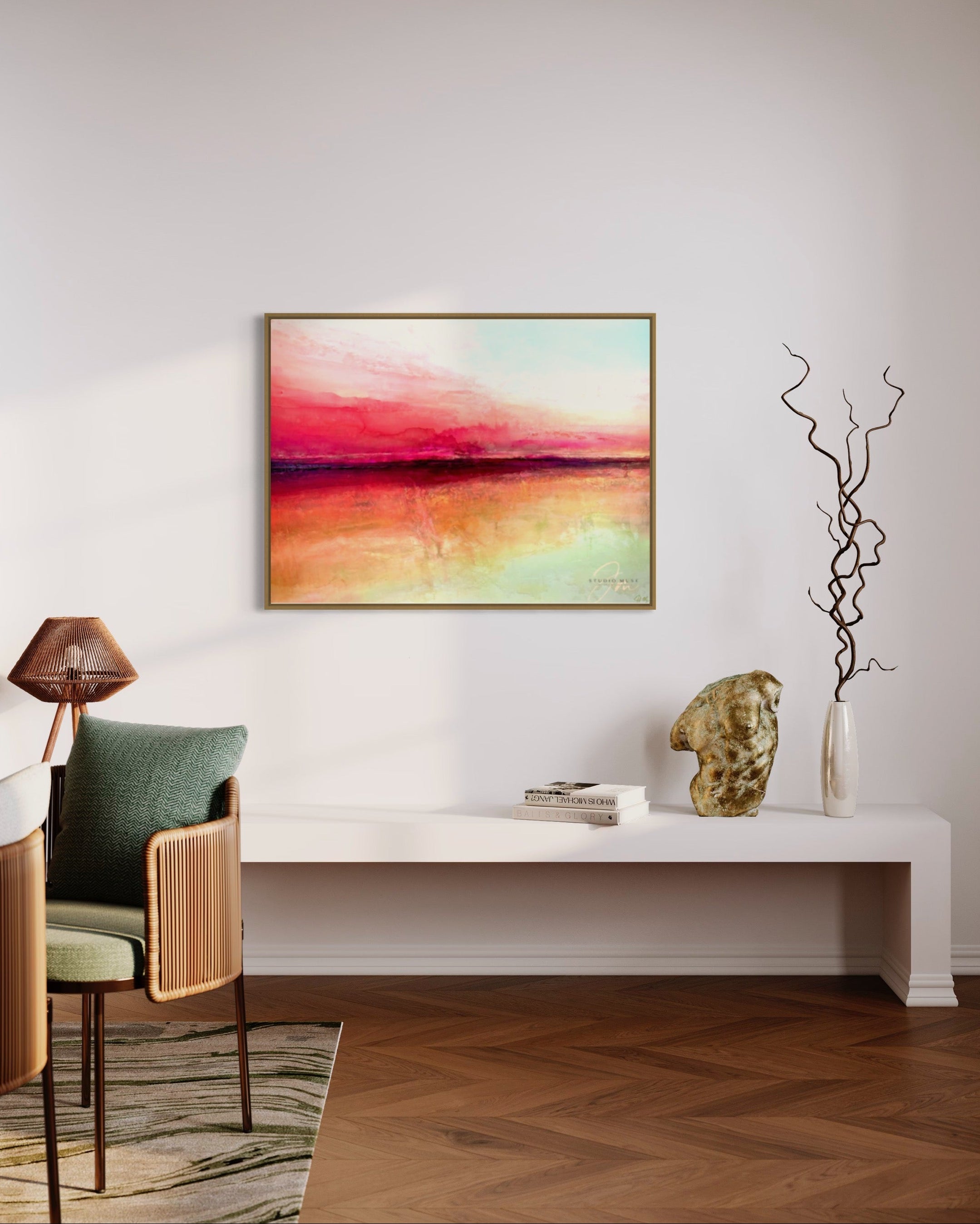 Le Soleil Levant abstract sunrise painting in Modern dining room