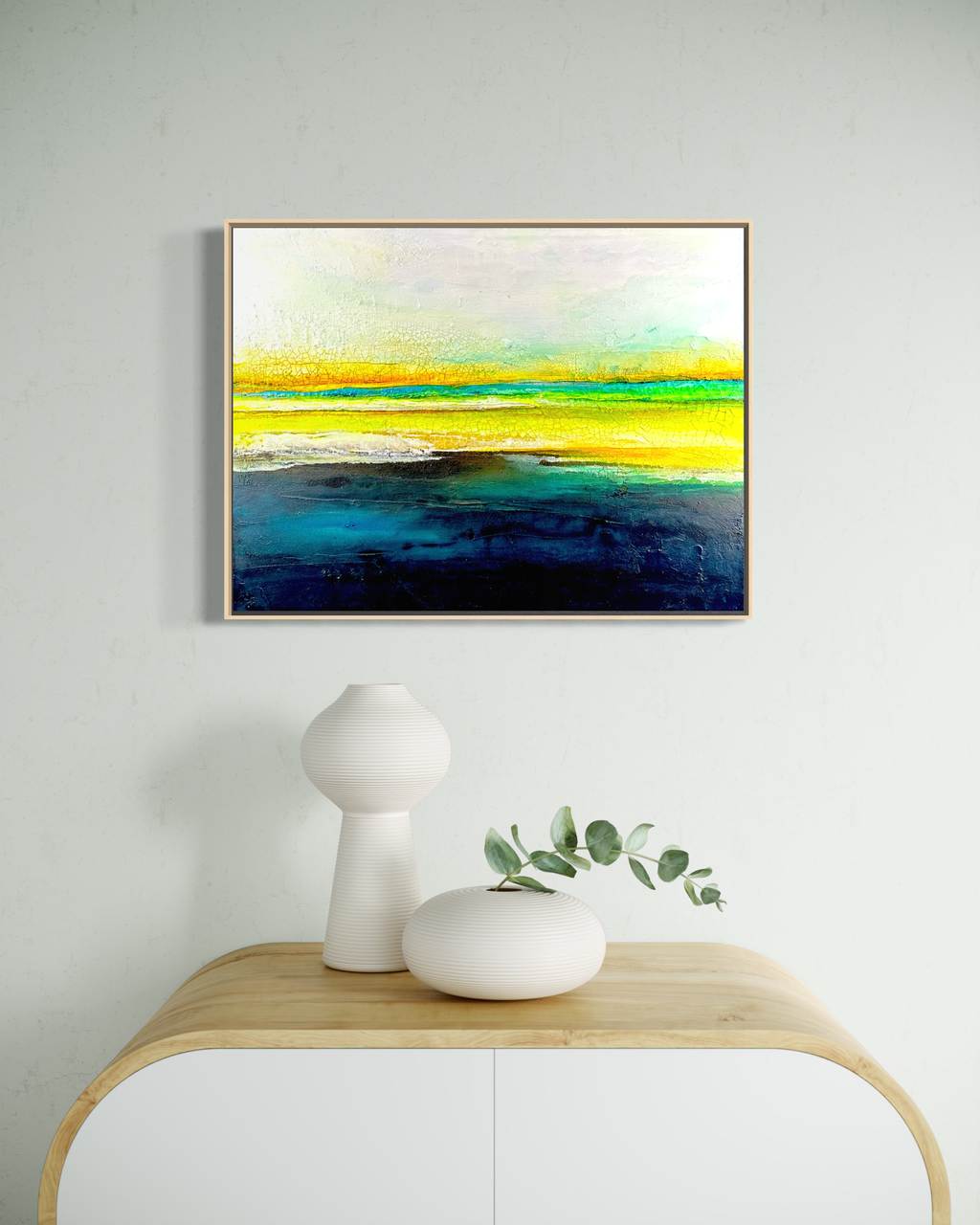 Oceanside abstract ocean painting acrylic on canvas in modern bedroom