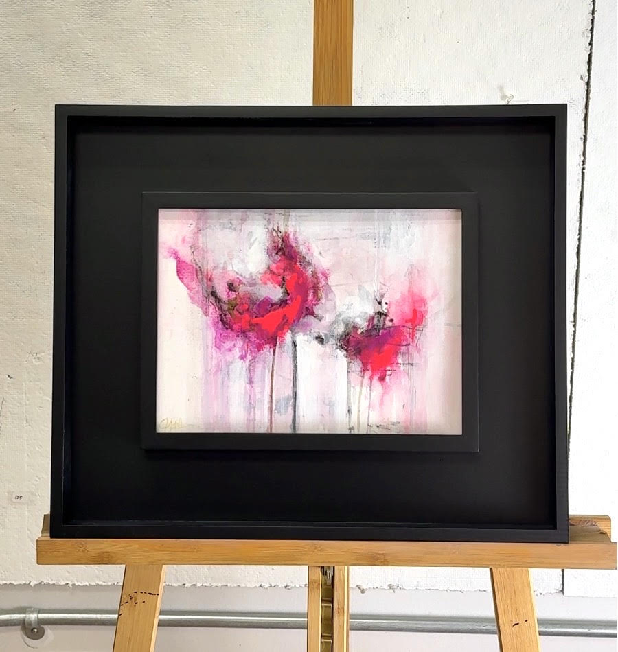 Evanescence Study abstract charcoal painting framed in black on easel 