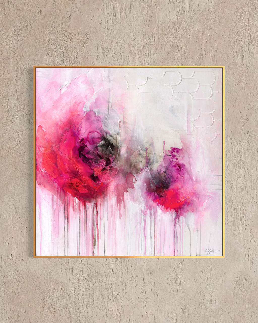 Pink Evanescence fine art canvas print abstract bloom in gold frame by Jen Muse