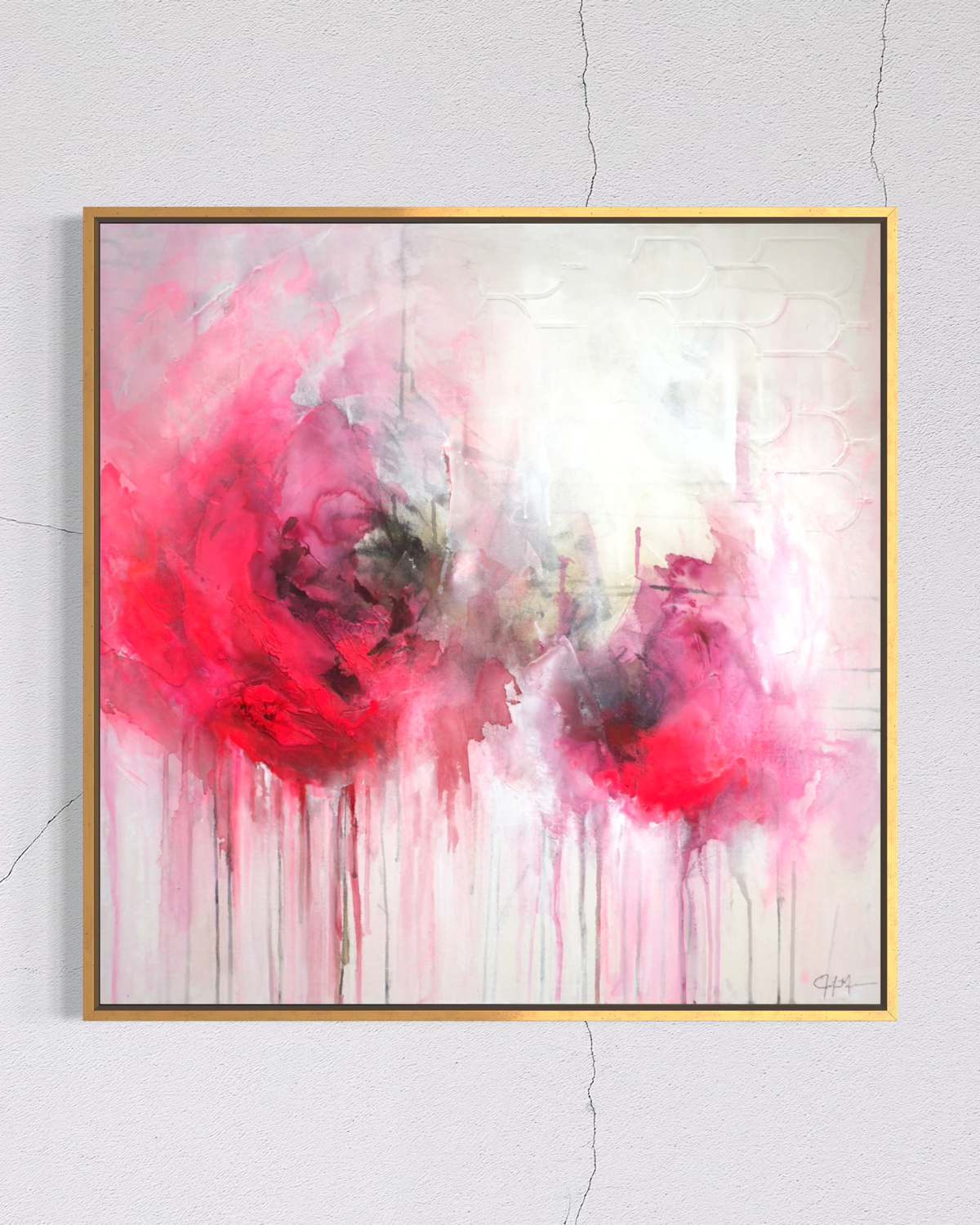 Framed abstract original painting, featuring two large pink and red floral-like forms with black and gray accents on a white background, hung on a light gray textured wall, by artist jen muse.