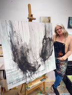 Soaring charcoal abstract painting with jen muse in the studio